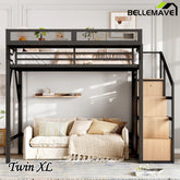 Bellemave® Metal Loft Bed with Storage Stairs, Shelves and Built - in Wardrobe, USB Ports and LED Lights - Bellemave